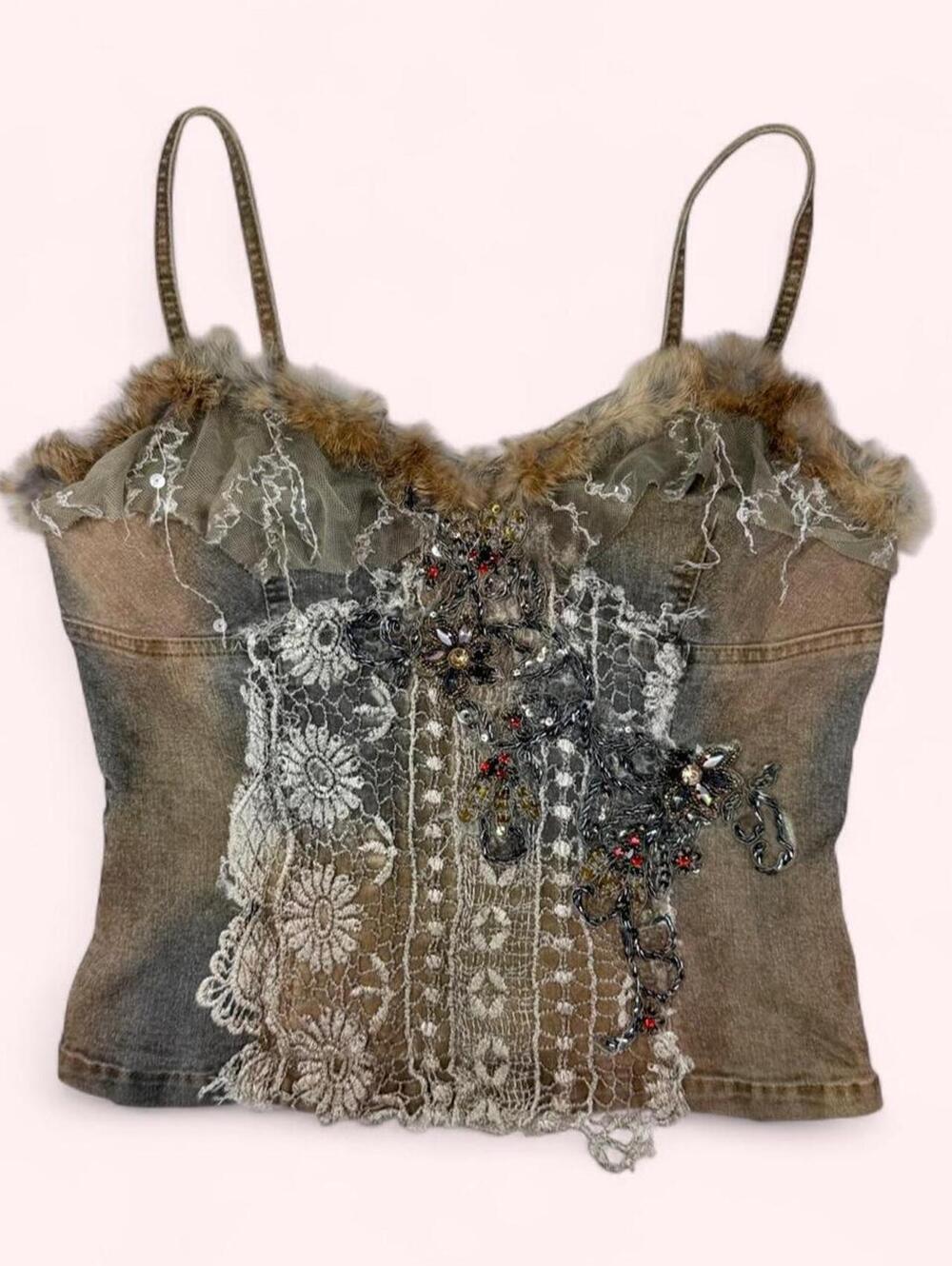 Euro Rossi Roma beaded denim corset style top  with fur trim and embellishments